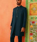 Royal blue front-open sherwani with embroidered