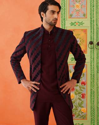 Maroon navy velvet open indowestern set 2