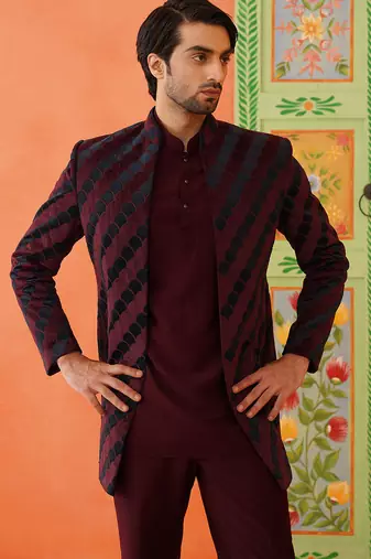 Maroon navy velvet open indowestern set