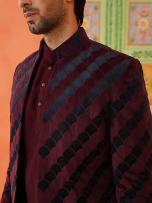 Maroon navy velvet open indowestern set 3