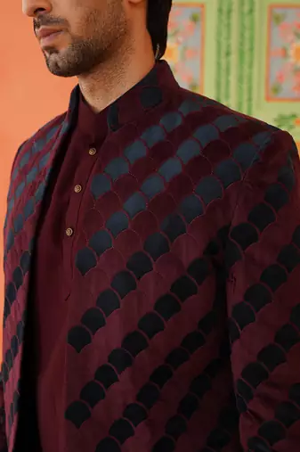 Maroon navy velvet open indowestern set