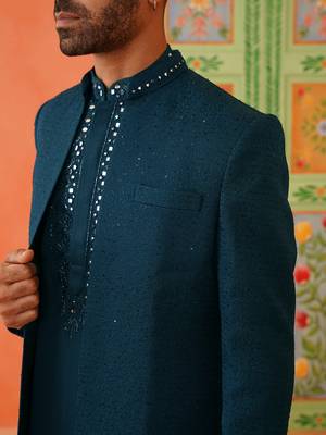 Royal blue front-open sherwani with embroidered 2