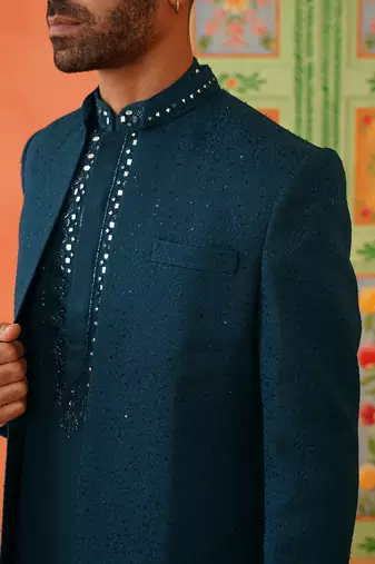 Royal blue front-open sherwani with embroidered