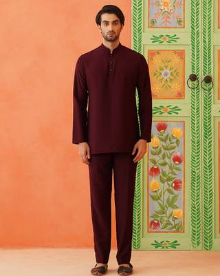 Maroon navy velvet open indowestern set 4