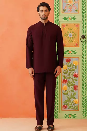 Maroon navy velvet open indowestern set