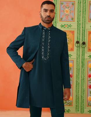 Royal blue front-open sherwani with embroidered 3