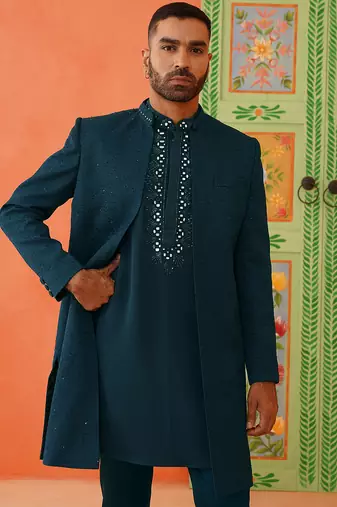Royal blue front-open sherwani with embroidered