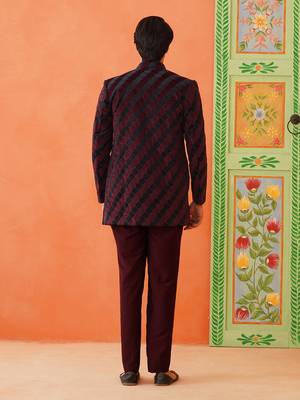 Maroon navy velvet open indowestern set 5