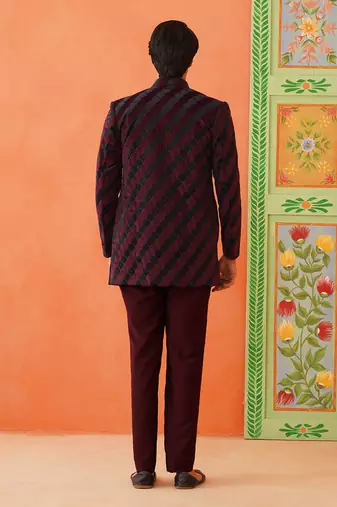 Maroon navy velvet open indowestern set