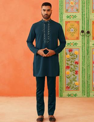 Royal blue front-open sherwani with embroidered 4