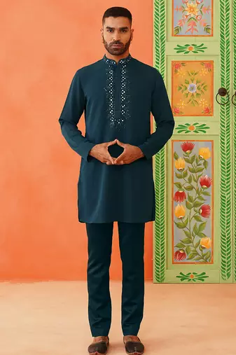 Royal blue front-open sherwani with embroidered
