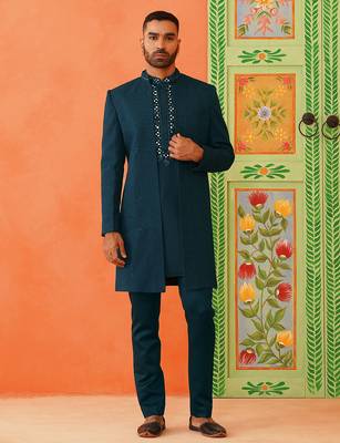 Royal blue front-open sherwani with embroidered 5