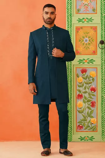 Royal blue front-open sherwani with embroidered