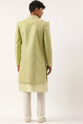 Pistachio mirror embroidered indowestern with kutra