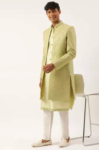 Pistachio mirror embroidered indowestern with kutra