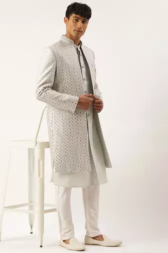 Light blue embriodered indowestern with kutra