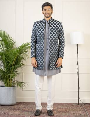 Grey navy velvet indowestern 1