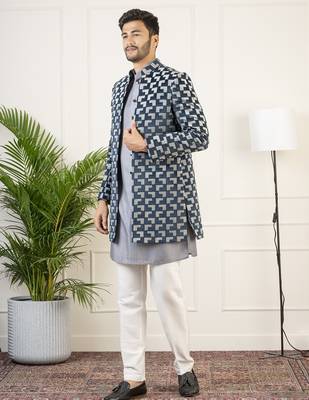 Grey navy velvet indowestern 4