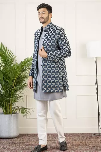 Grey navy velvet indowestern