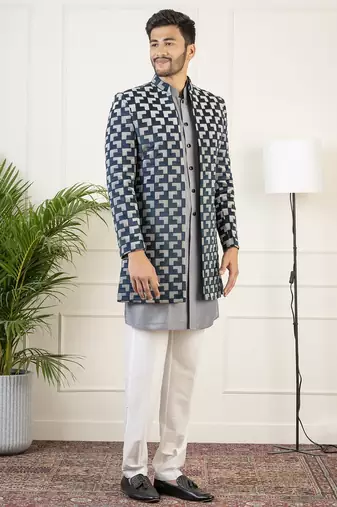 Grey navy velvet indowestern