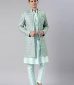 Green embroidered printed achkan