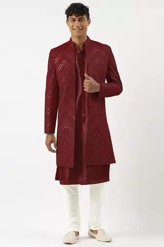 Maroon mirror embroidered indowestern with kutra