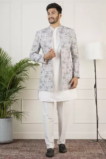 Grey printed embroidered indo set