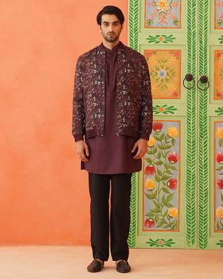 Wine cotton printed jacket kurta set 1