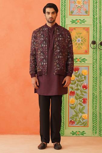 Wine cotton printed jacket kurta set