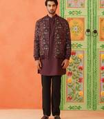 Wine cotton printed jacket kurta set