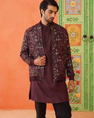 Wine cotton printed jacket kurta set 2