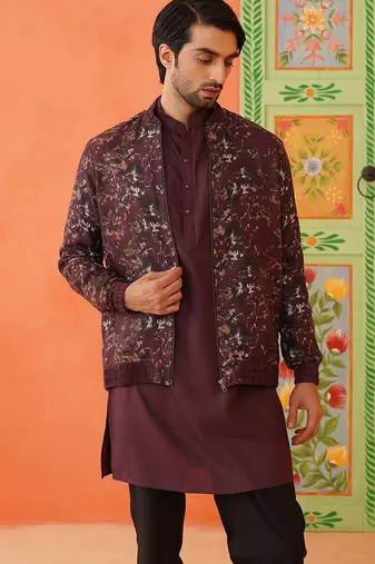 Wine cotton printed jacket kurta set