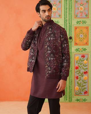 Wine cotton printed jacket kurta set 3