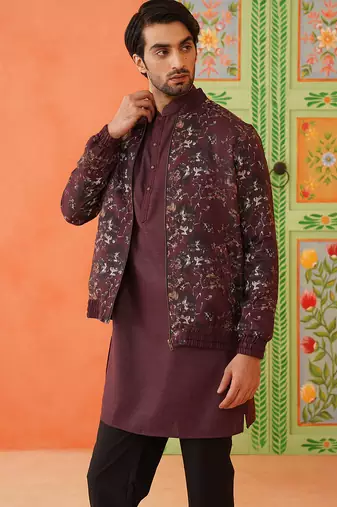 Wine cotton printed jacket kurta set