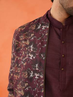 Wine cotton printed jacket kurta set 4