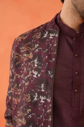 Wine cotton printed jacket kurta set