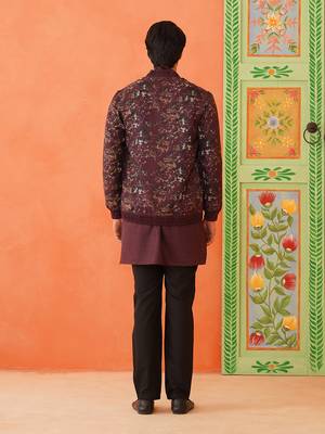 Wine cotton printed jacket kurta set 5
