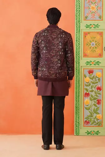 Wine cotton printed jacket kurta set