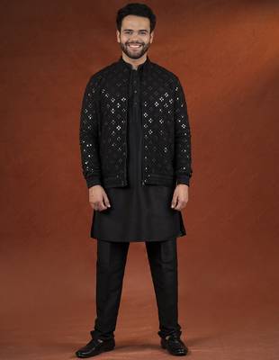 Black mirror embroidery jacket kurta set 1