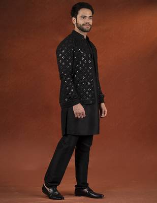 Black mirror embroidery jacket kurta set 3