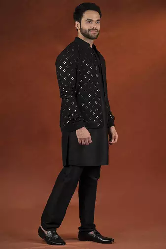 Black mirror embroidery jacket kurta set