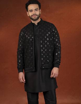 Black mirror embroidery jacket kurta set 4