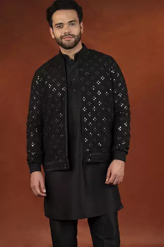 Black mirror embroidery jacket kurta set