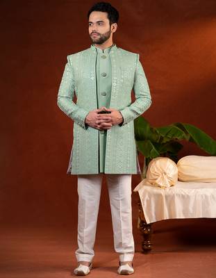 Pista green open jacket with kurta set 1