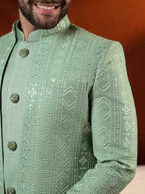 Pista green open jacket with kurta set 2