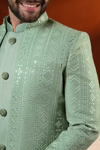 Pista green open jacket with kurta set