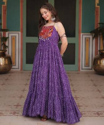 purple bandhani flared dress in faux georgette with kutchi patchwork   fully stitched 9