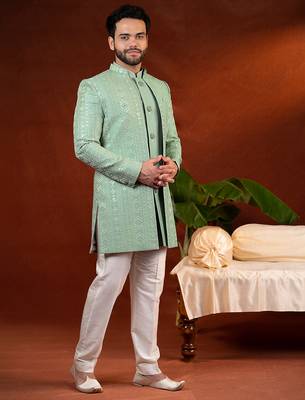 Pista green open jacket with kurta set 3