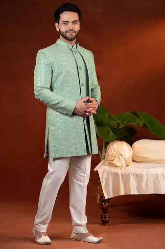 Pista green open jacket with kurta set
