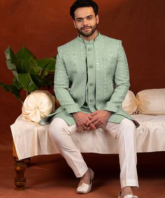 Pista green open jacket with kurta set 4